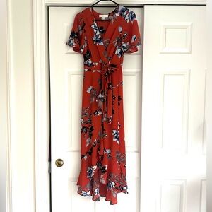 Monteau Hi-Lo Faux wrap dress Size Small (orange with floral)